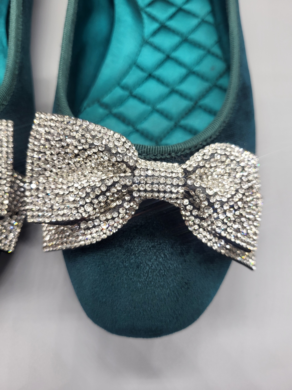 Birdies Teal Velvet Flats with Crystal Bow - Picture 5 of 14